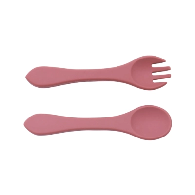 Silicone baby fork and spoon-dark pink