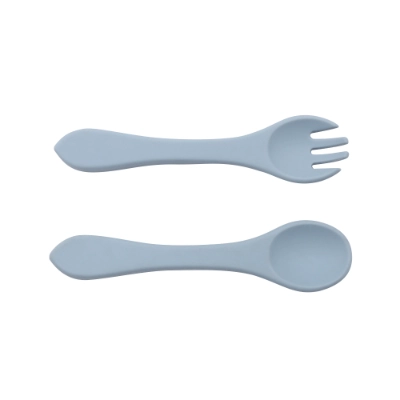 Silicone baby fork and spoon-dusty blue