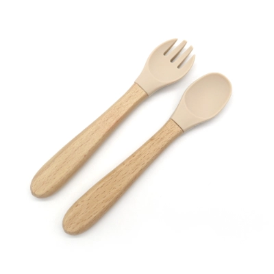Wood Handle Silicone Baby Spoon and Fork Set