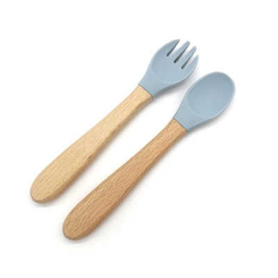 Wood Handle Silicone Baby Spoon and Fork Set