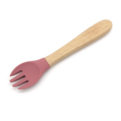 Wood Handle Silicone Baby Spoon and Fork Set