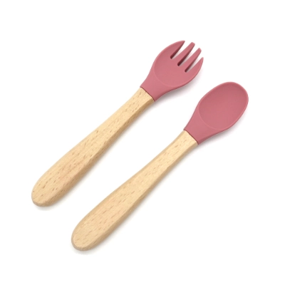 Wood Handle Silicone Baby Spoon and Fork Set