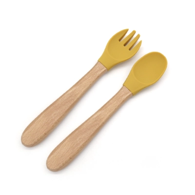 Wood Handle Silicone Baby Spoon and Fork Set