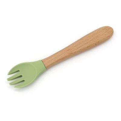 Wood Handle Silicone Baby Spoon and Fork Set