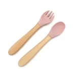 Wood Handle Silicone Baby Spoon and Fork Set