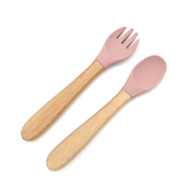 Wood Handle Silicone Baby Spoon and Fork Set