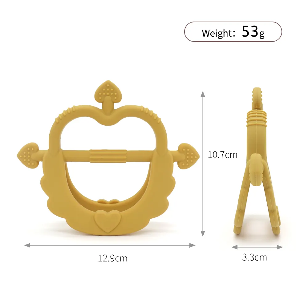 Size chart for Cupid Heart Handle Teether: 12.9 cm wide, 10.7 cm tall, 3.3 cm thick, weight 53 g; heart frame with arrow handle.