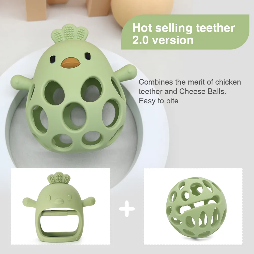 Green chick-shaped silicone teether with detachable hollow silicone ball, labeled as hot selling teether 2.0 version.
