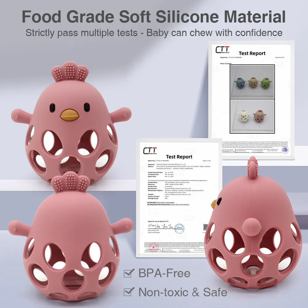 Pink chick-shaped silicone teether rattles displayed with CE and CPSC certification test reports.