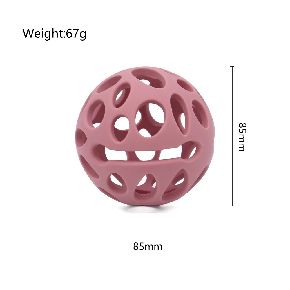 Dark pink hollow round silicone teething ball for babies, BPA-free chew toy with 85mm diameter size display