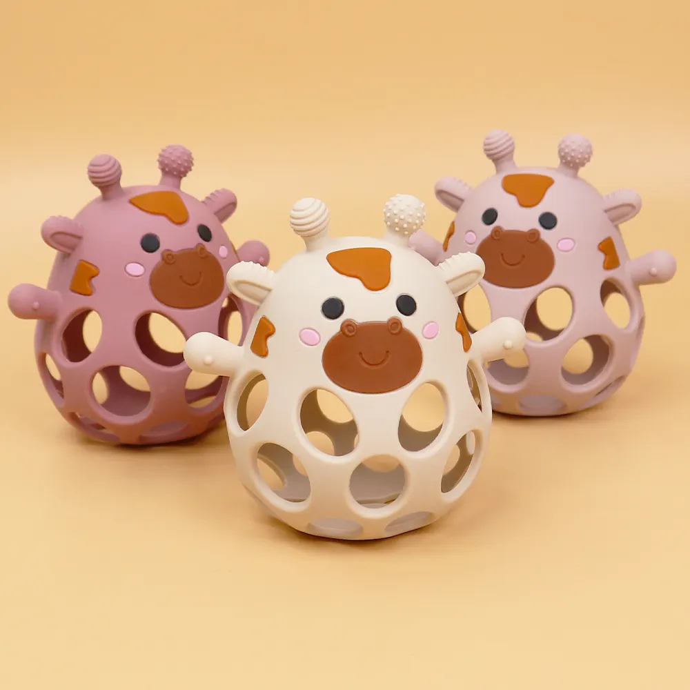 Beige, dark pink and rose pink hollow silicone giraffe teether balls, food-grade BPA-free baby teething toy with easy-grip holes