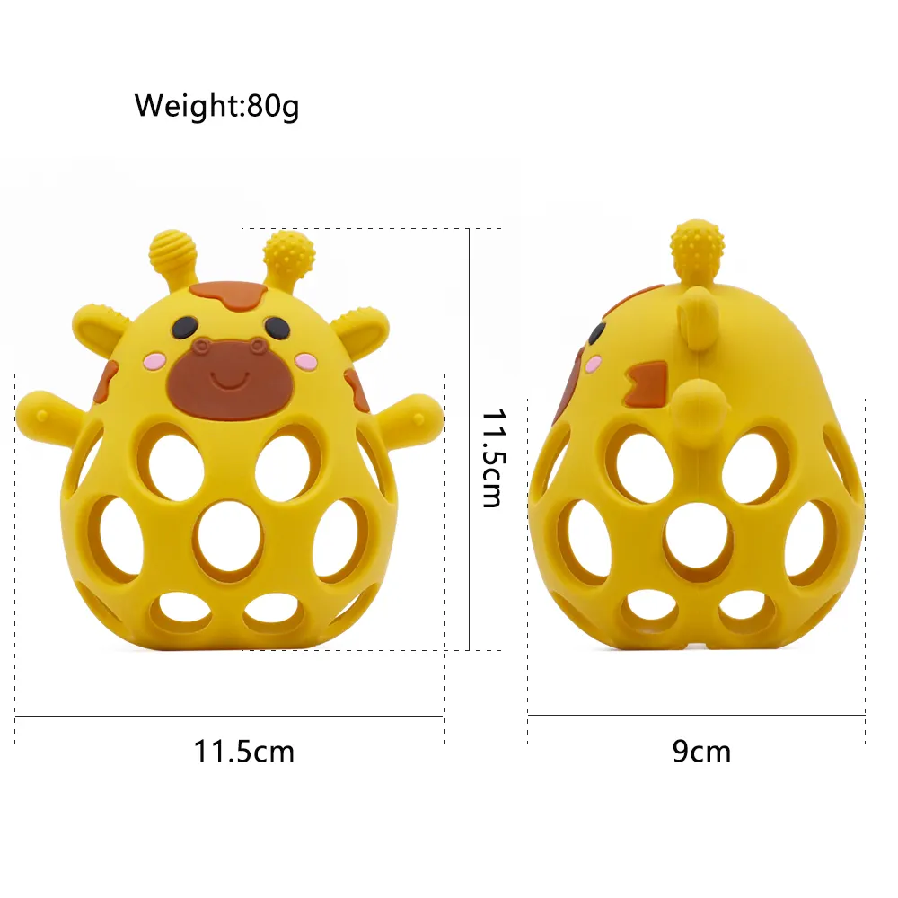 Hollow silicone giraffe teether ball in mango yellow, showing front and side dimensions with weight 80g