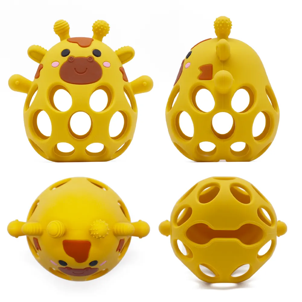 Mango hollow silicone giraffe teether ball shown from multiple angles, textured horns and open-hollow design for easy grip