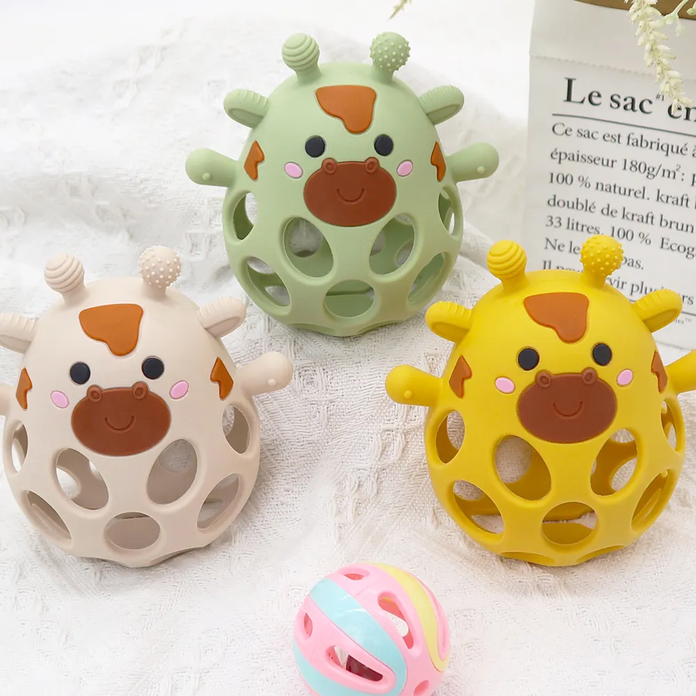 Olive, mango and beige hollow silicone giraffe teether balls for babies, open-grip hollow design with textured knobs, food-grade BPA-free silicone