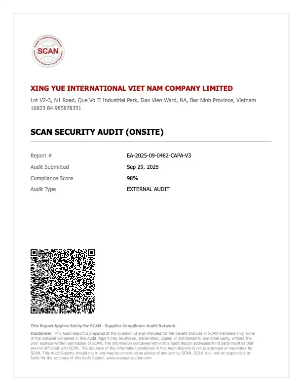 SCAN audit report cover for Xingyue International Vietnam silicone products factory